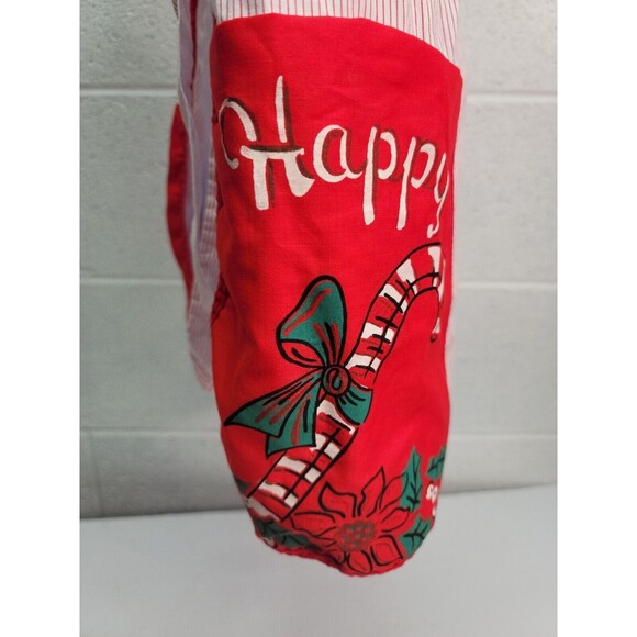 Happy Holiday Half Apron With Two Pockets Red Stripes Handmade Vintage - Picture 2 of 6